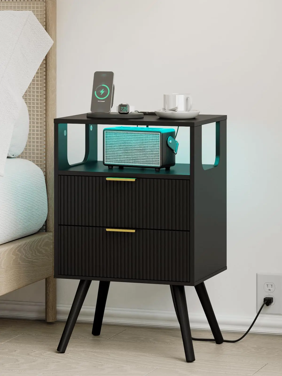 

Modern Black Nightstand With Wireless Charging, LED Lighting, Two Drawers And Open Shelf For Bedroom