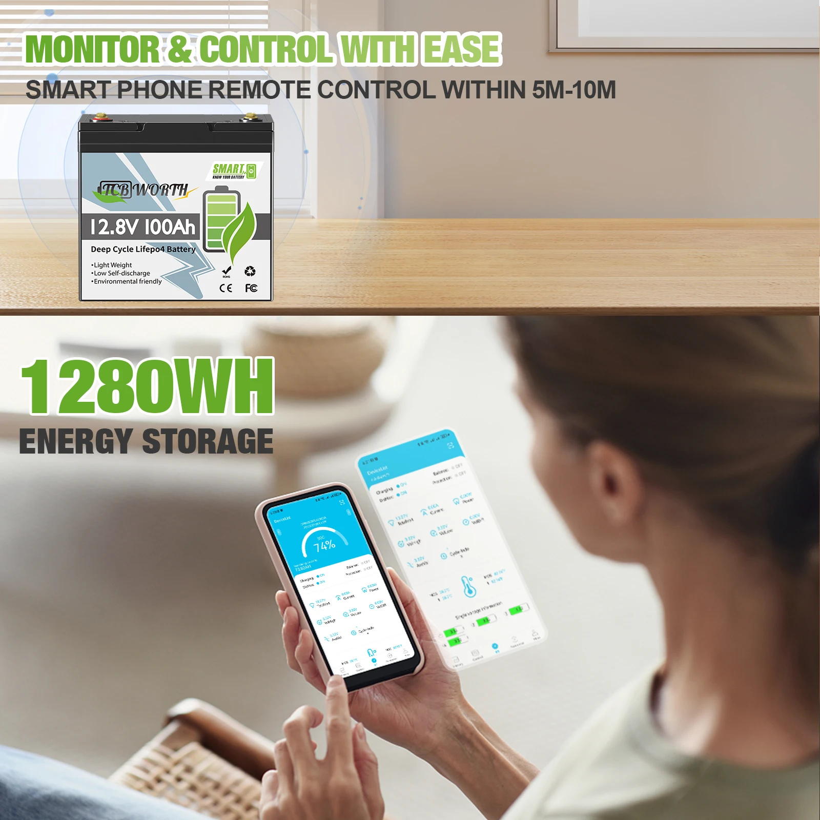 TCBWORTH 12V 100Ah LiFePO4-Lithiumbatterie mit 100A BMS, Low-Temp-Schutz, 7000+ Zyklen für Trolling-Motoren, Wohnmobile, Solarsysteme – Detail 4