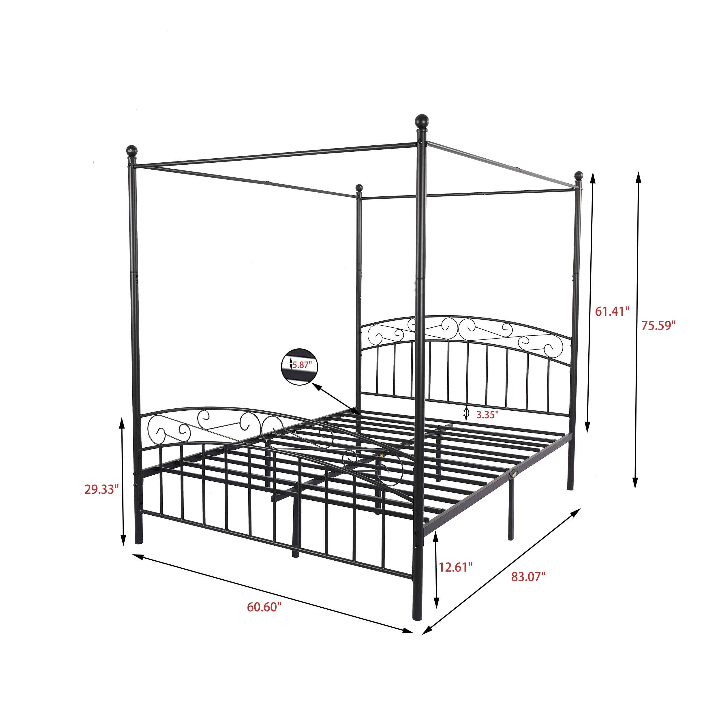 Рама для кровати с навесом, черная четырехпластовая металлическая платформа королевского размера, с подголовником и подножкой, прочная тяжелая стальная подставка