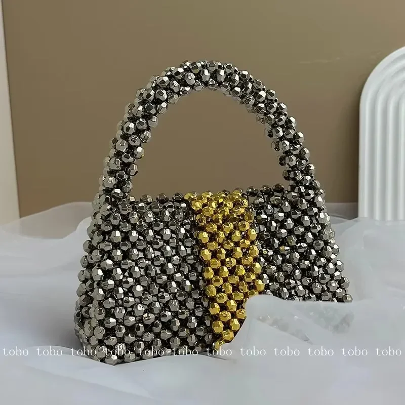 2024 Silber Metall Farbe Acryl Perle Box Geldbörsen für Frauen Sommer Strand Perlen Handtaschen Damen Abend Mode Luxus Tasche