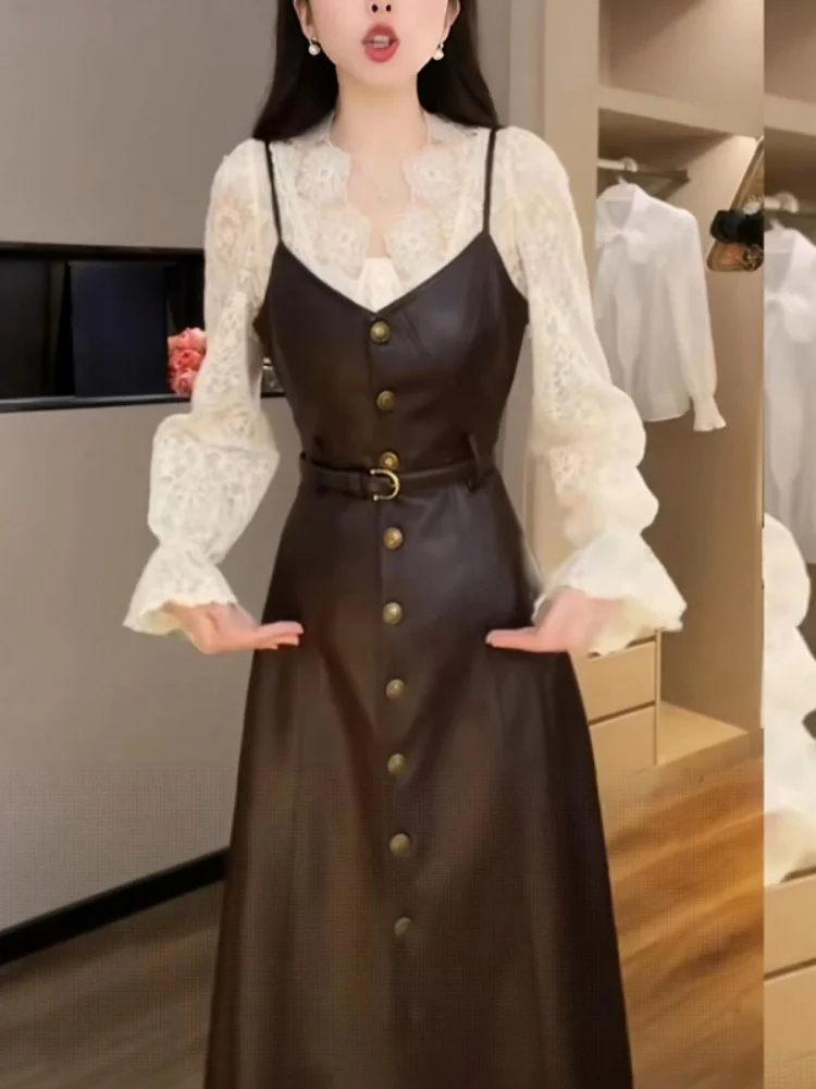 

Шикарный корейский комплект из кружевного кожаного укороченного топа и юбки с высокой талией для молодых женщин V Ne Long Sve Winter Faion