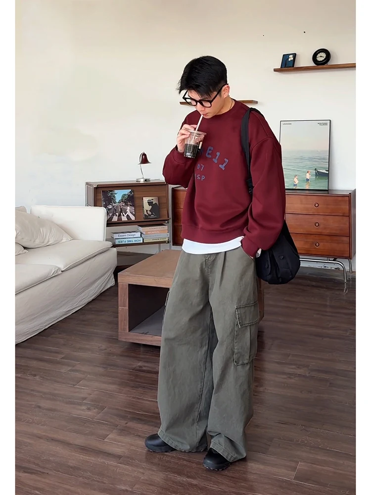 

Military Green Straight Leg Workwear Pants Men's Casual Summer Spring High Waist Loose Fit American Style Paratrooper Trousers