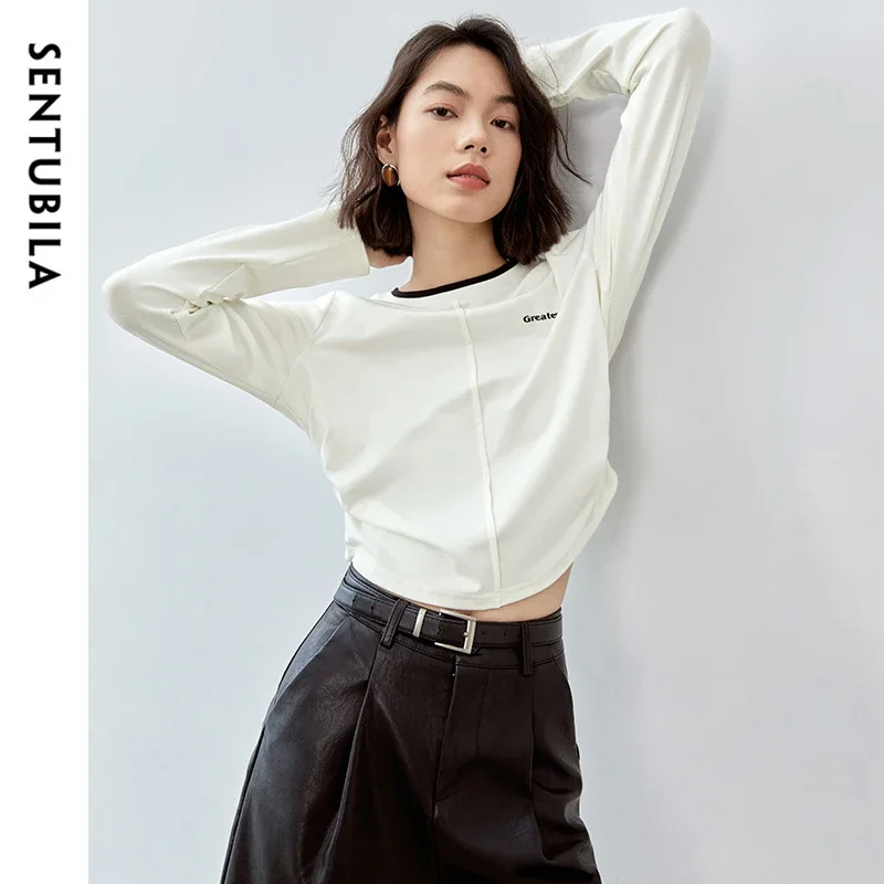 SENTUBILA Cotton Shirring T-shirt Women 2024 Autumn Slim Fit Spliced O Neck Print Long Sleeve Simple Knit Tops Ladies 143T57369X