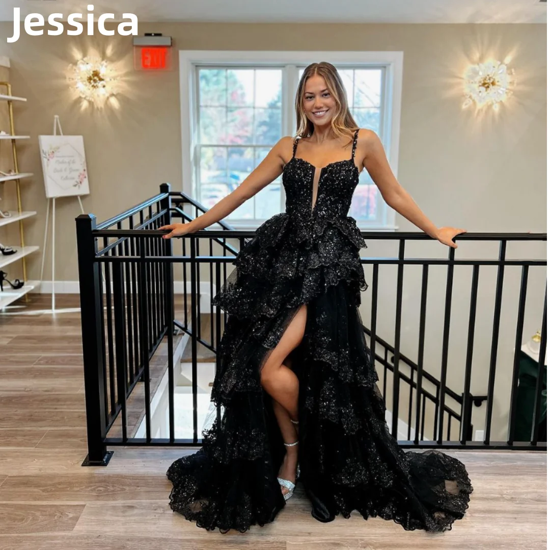 

Jessica Black Glitter Graduation Prom Dresses Tulle Layering Sexy Side Slit Evening Dresses Party Dresses 2024Wedding Dress