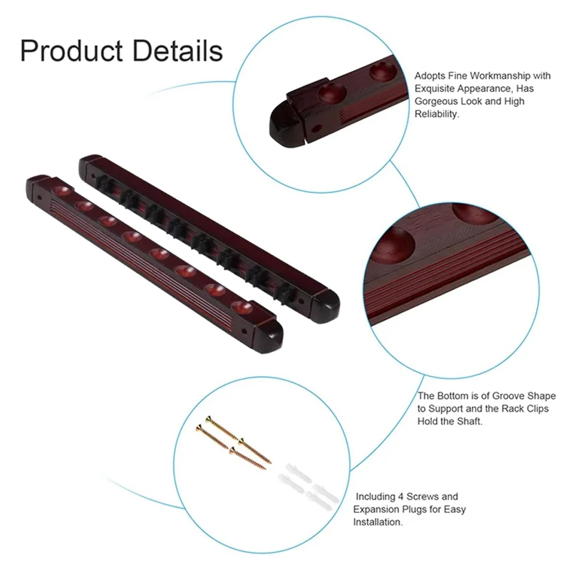 A48F-Pool Queue Halter Holz Snooker Wand Queue Pool Queue Halter Mit Clips Für 8 Queue Halter Weinrot