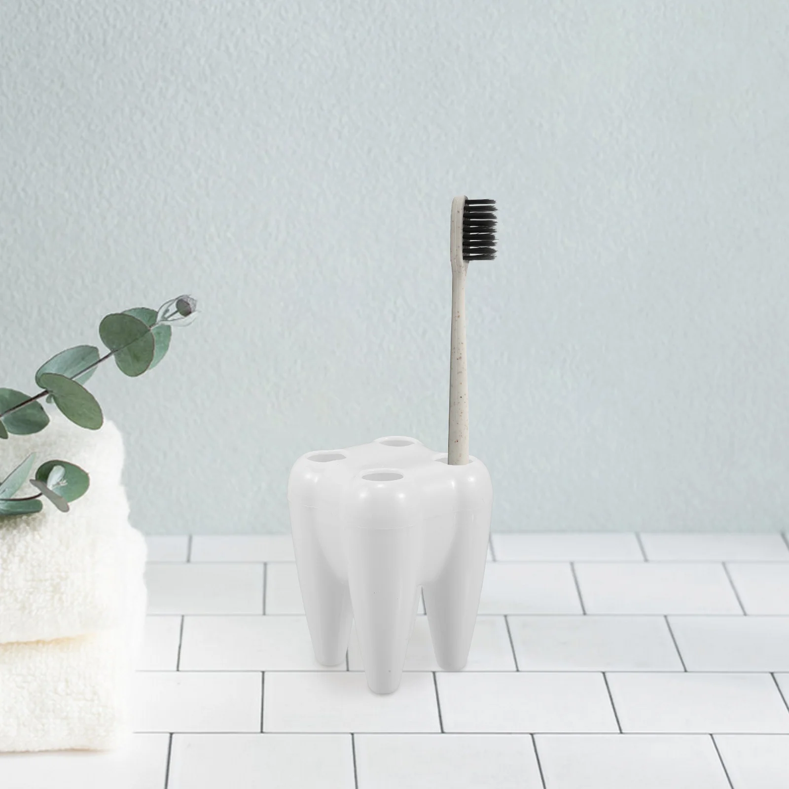 

Tooth-Shaped Toothbrush Holder Multi-Slot Cartoon Design Bathroom Organizer Easy Clean Accessory for Family Use