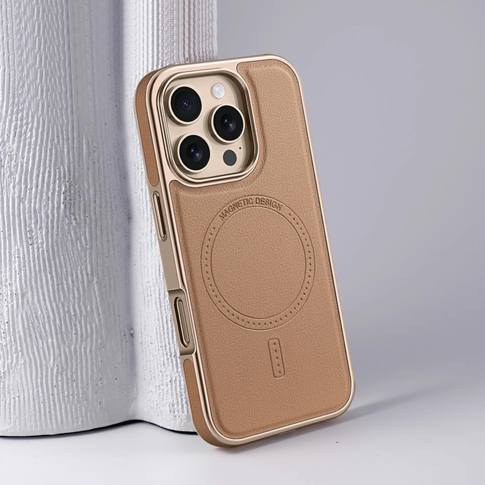 

Business Plating Frame Leather Shockproof Case For iPhone 17 Air 16 Pro Max 15 14 13 For Magsafe Magnetic Wireless Charge Cover