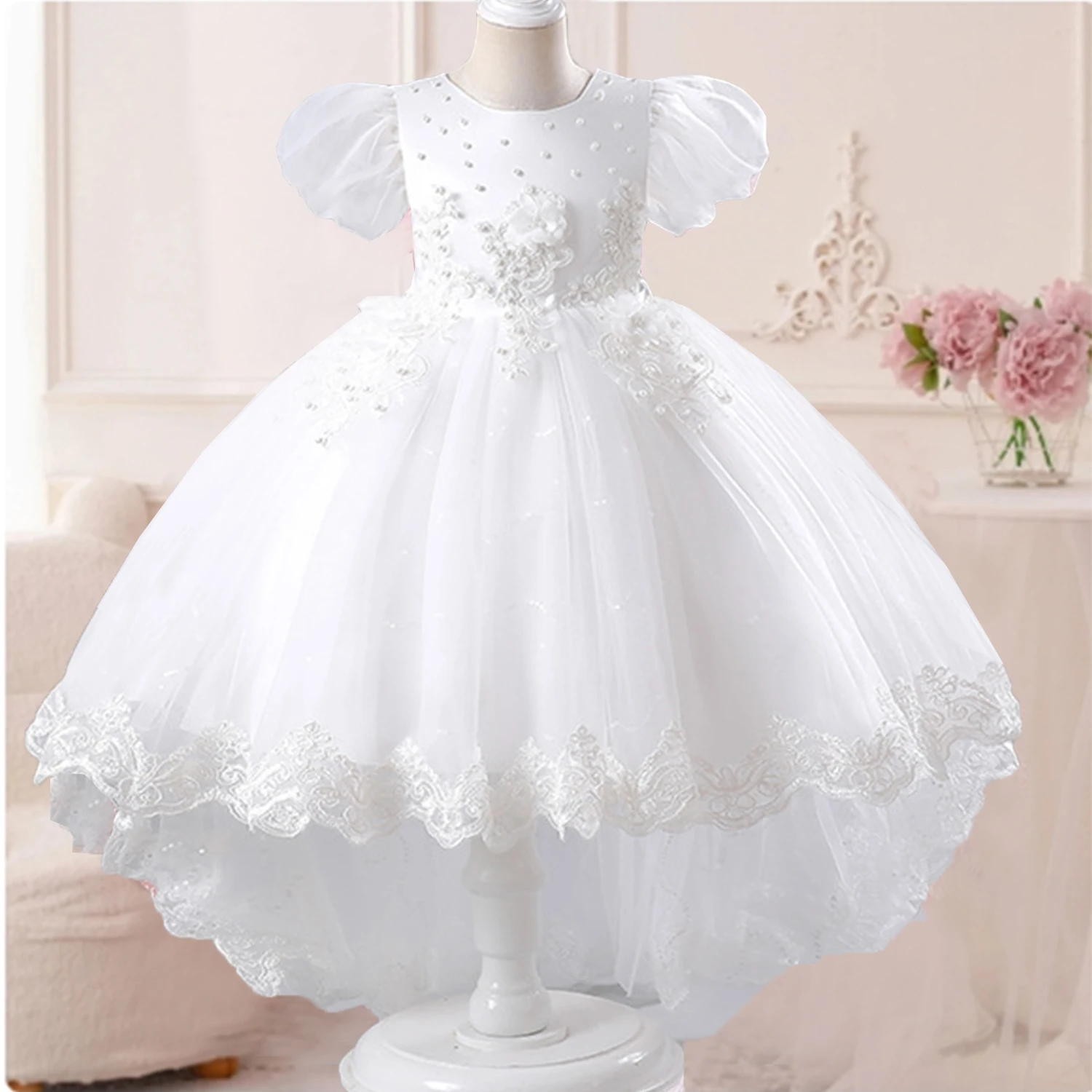 3-10 Years Little Big Girls Puff Sleeves Embroidered Lace Wedding Flower Girl Birthday Party Pageant Formal High-Low Dress