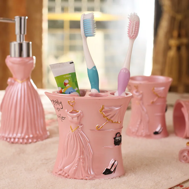 European Style Five-piece Wash Set Bathroom Supplies Resin Pink White Toothbrush Cup Accessories Tooth Brush Holder