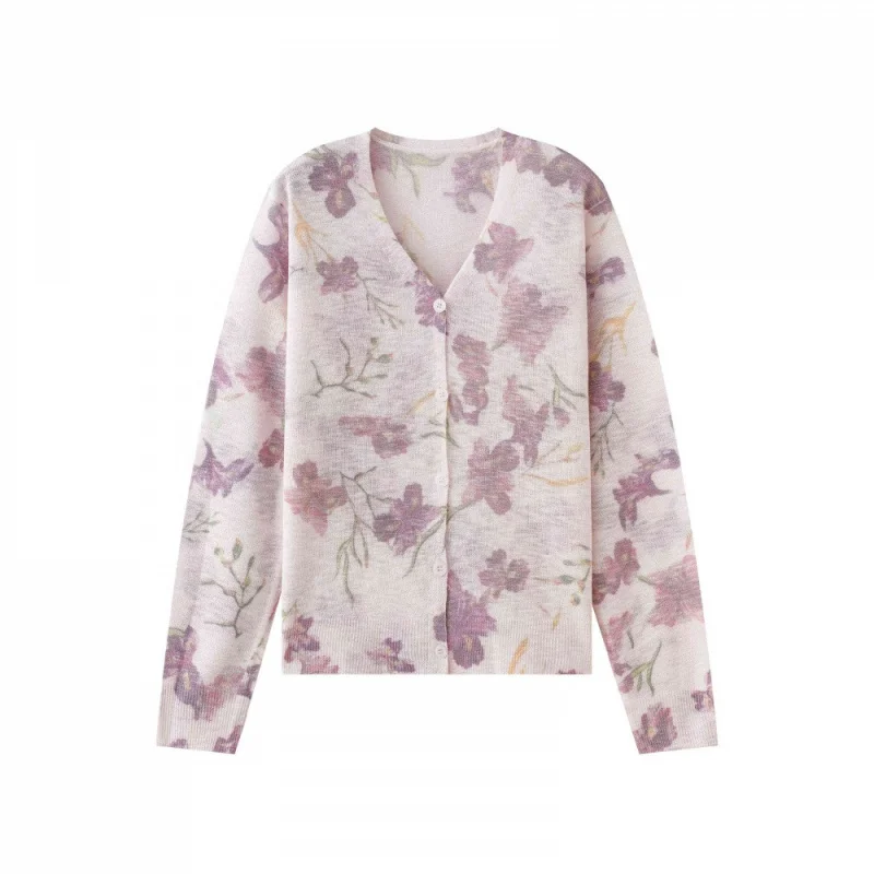 

Womens V-Neck Floral Print Long Sleeve Knitted Cardigan Casual Lightweight Knit Sweater Top Spring and Autumn