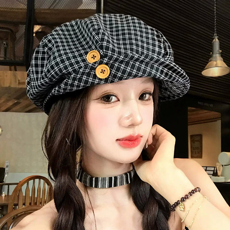 Classic Color Matching Check Button Flip Berets for Women Spring and Autumn Travel Leisure Versatile Literary Painter Hats