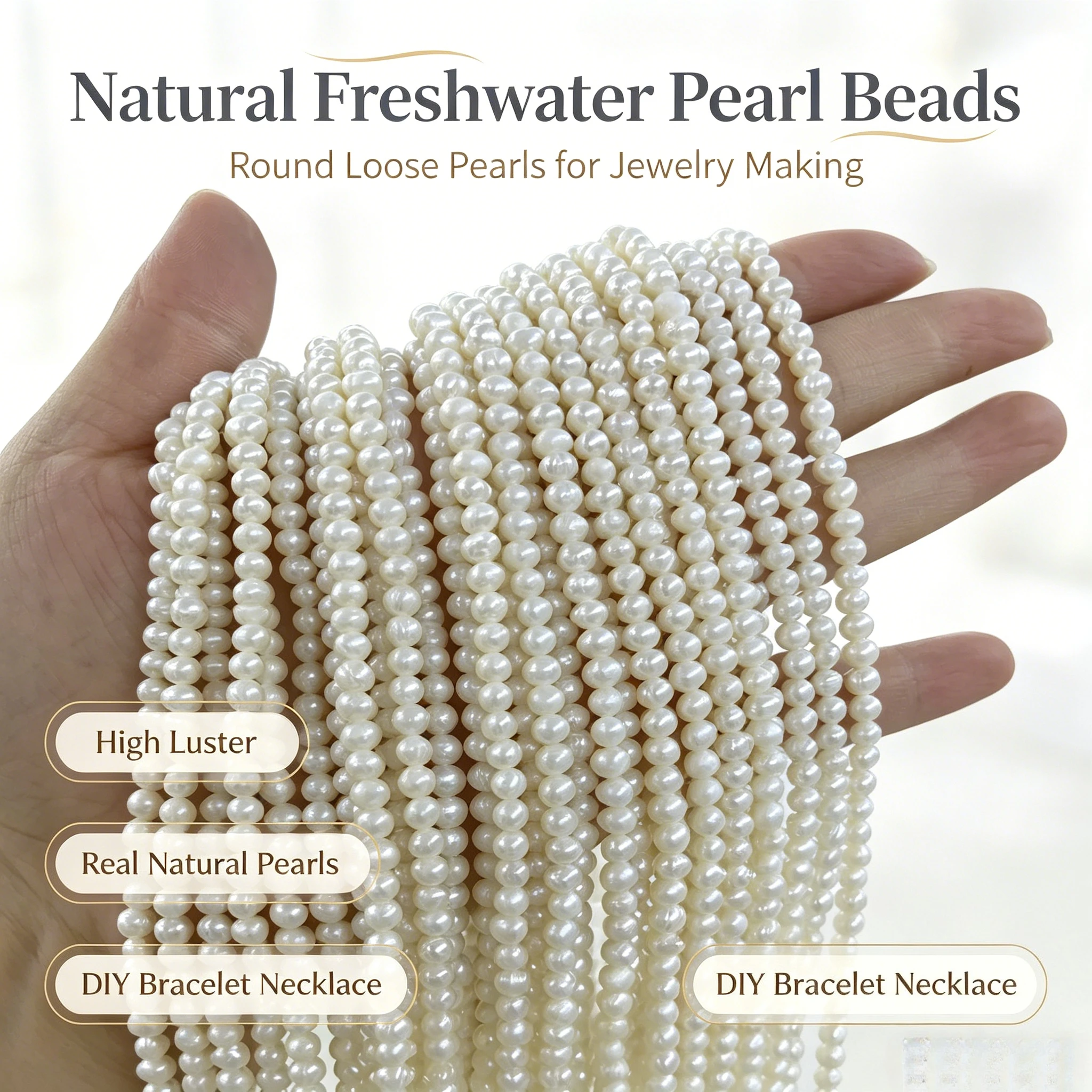 A Natural Freshwater Pearl Across Round Loose Bead 3-4mm  Wholesale Fine Jewelry Make DIY Necklace Bracelet Women Wedding Gift