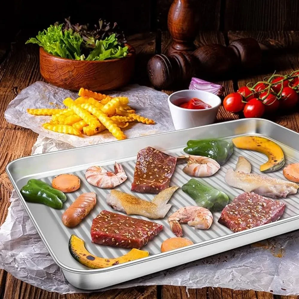 Stainless Steel Baking Tray Corrugated Bottom Nonstick Barbecue Pizza Bread Baking Tray Non Toxic Dishwasher Safe Kitchen Tray