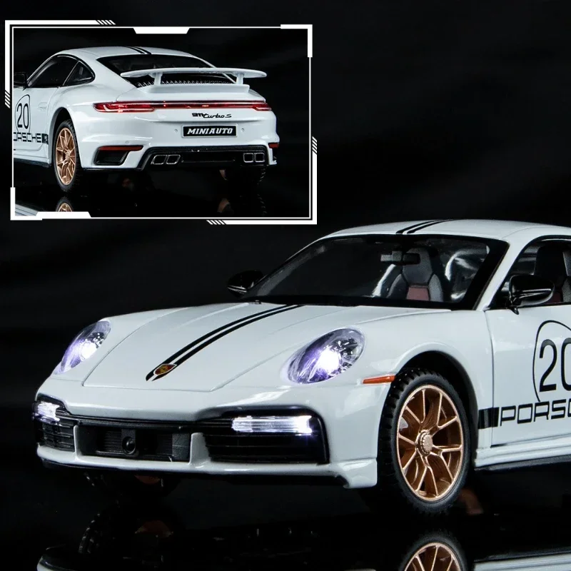 男の子用合金スポーツカーモデル,ダイキャスト,1:24スケール,911,音,光,引き戻し,金属,ミニチュアおもちゃ