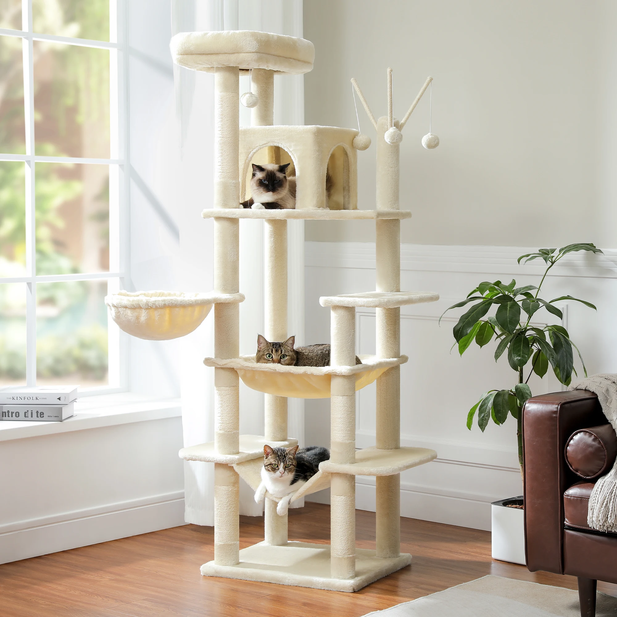 Large Cat Tree for Indoor Cats Tall Cat Tower for Fat Cats with Super Big Hammock, Cat Climbing Trees with Scratching Post