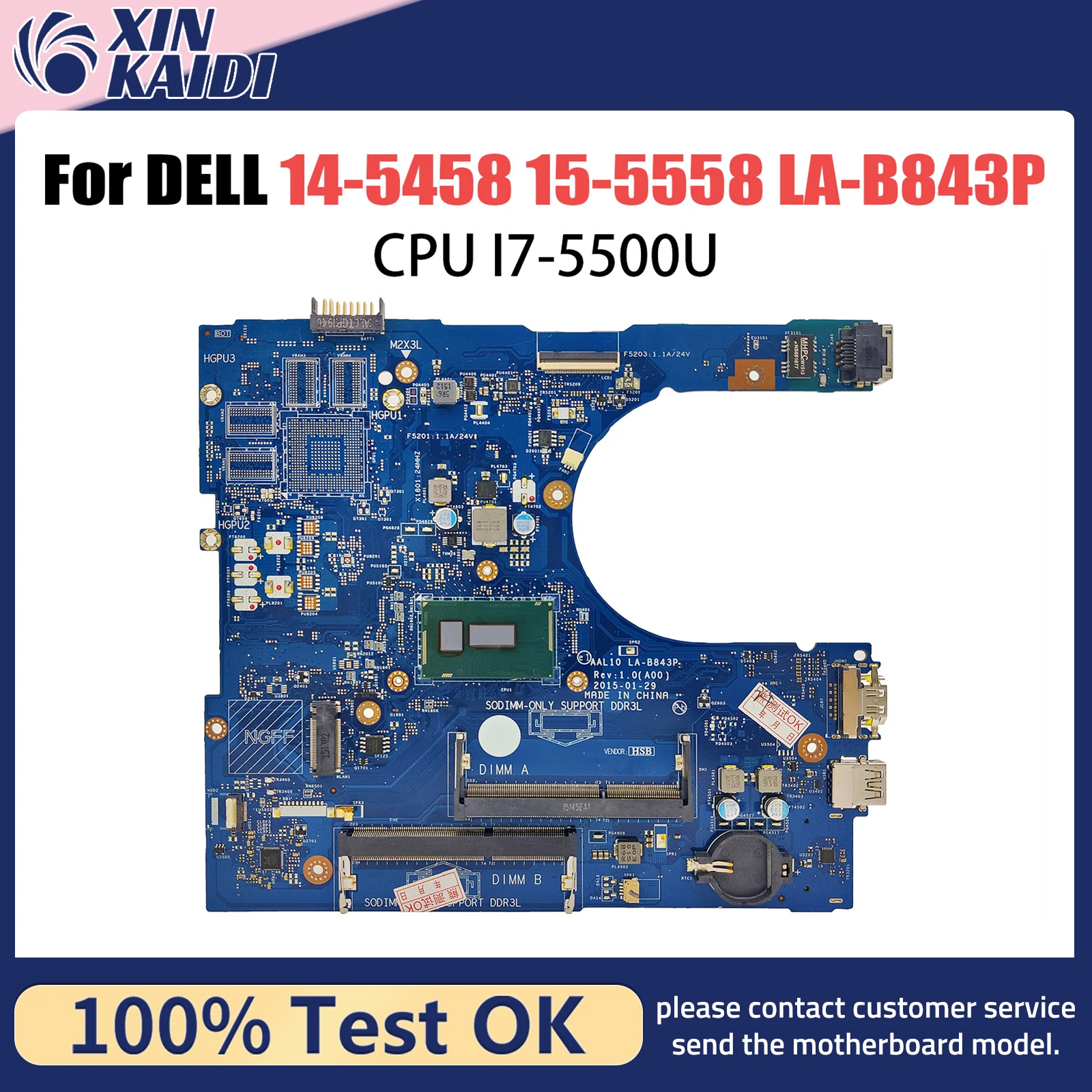 

FOR Dell Inspiron 14 5458 15 5558 Laptops Motherboard AAL10 LA-B843P With I7-5500U CPU CN-0XCFXD