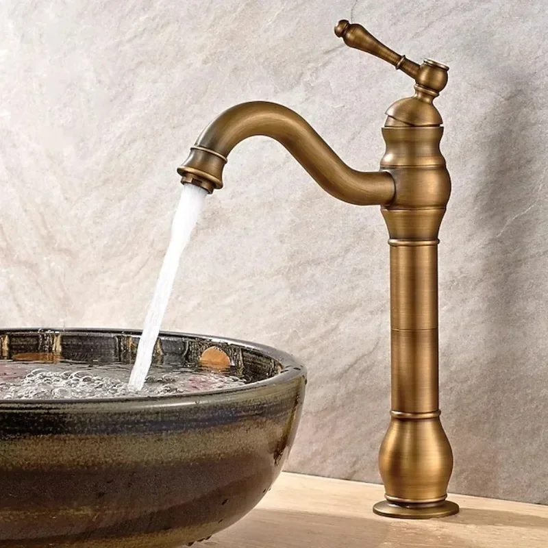 Ceramic Antique Copper Faucet Bathroom 360° Swivel Single Hole Faucet Retro Long Neck Mixing Sink Faucet Matching Pop-up Drain