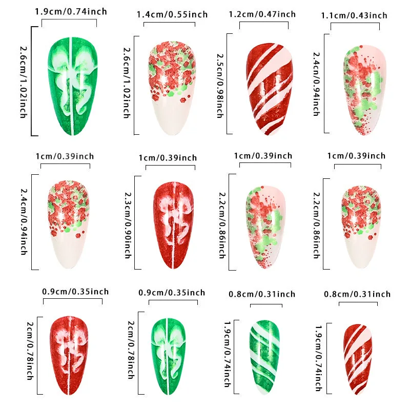 Christmas Press on Nails Medium Stiletto Fake Nails with Christmas Tree Designs Glitter Glue on Nails Xmas Design Full Cover Tip