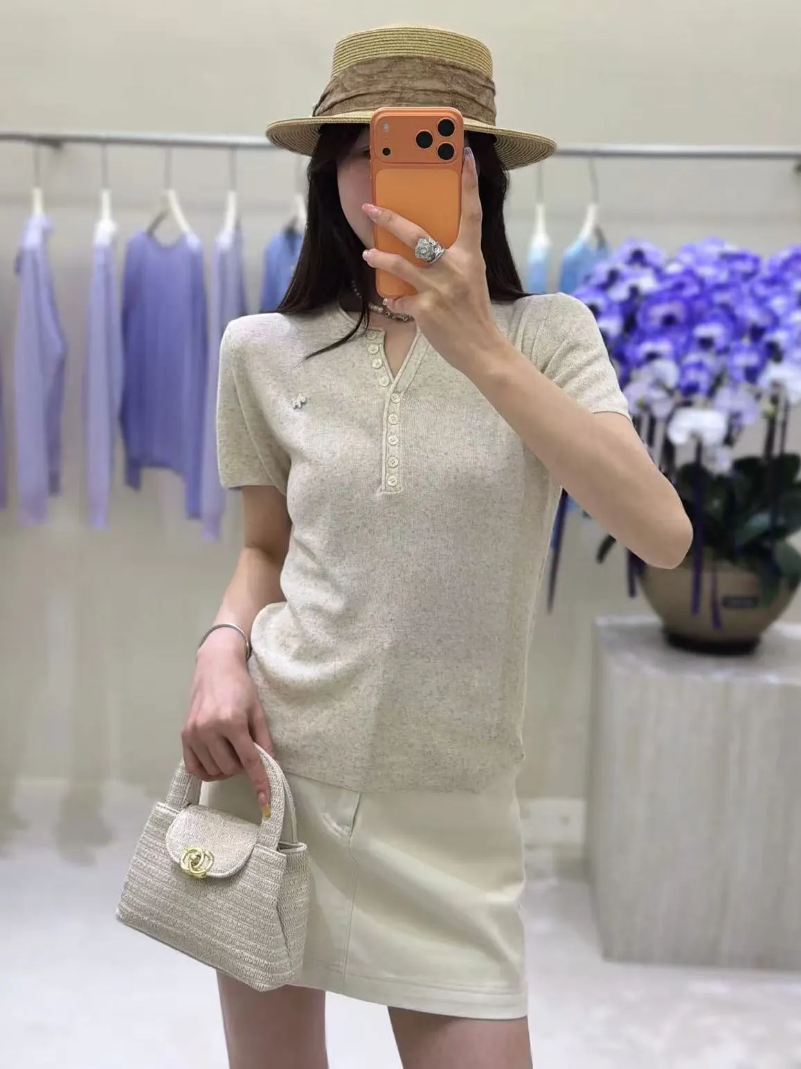 

Slim Fit Short Sleeve Knitted Shirt Women's Fashionable Button up V-Neck Linen Blend Soft Comfortable Thin Casual Top