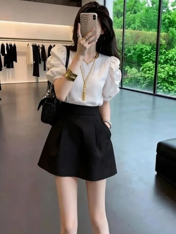 

Korean Style Slim Fit Shirt And Skirt Set Elegant Fashionable Summer Outfit for Young Women Short Sleeve round Neck Casual Wear