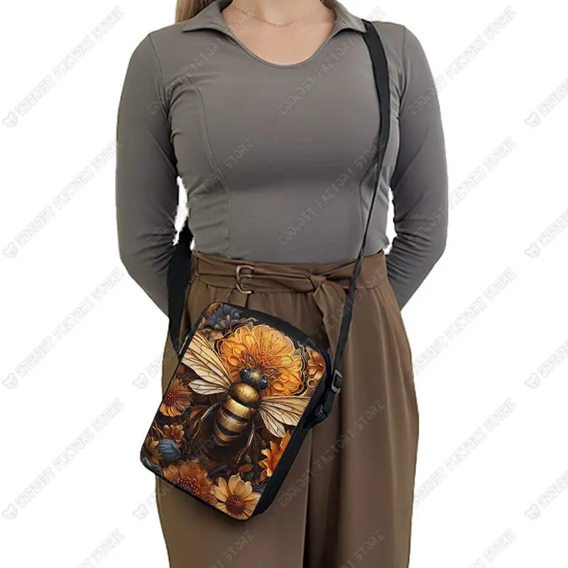 Golden Bee with Flowers Print Crossbady Bag Fantasy Honey Bee Women Handbag Key Phone Holder Portable Messager Shoulder Bag