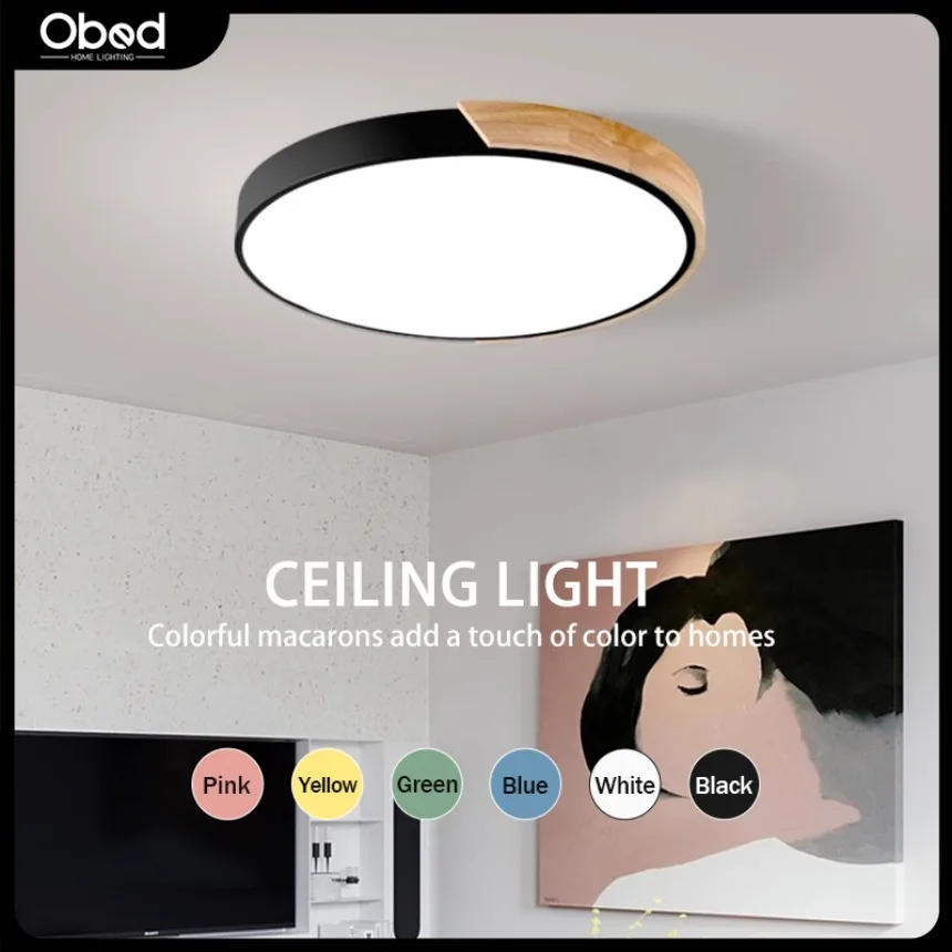 Wooden Edge LED Ceiling Light Modern Circular  Macaron Lighting Fixtures Living Room Bedroom Study Balcony Decoration Lighting