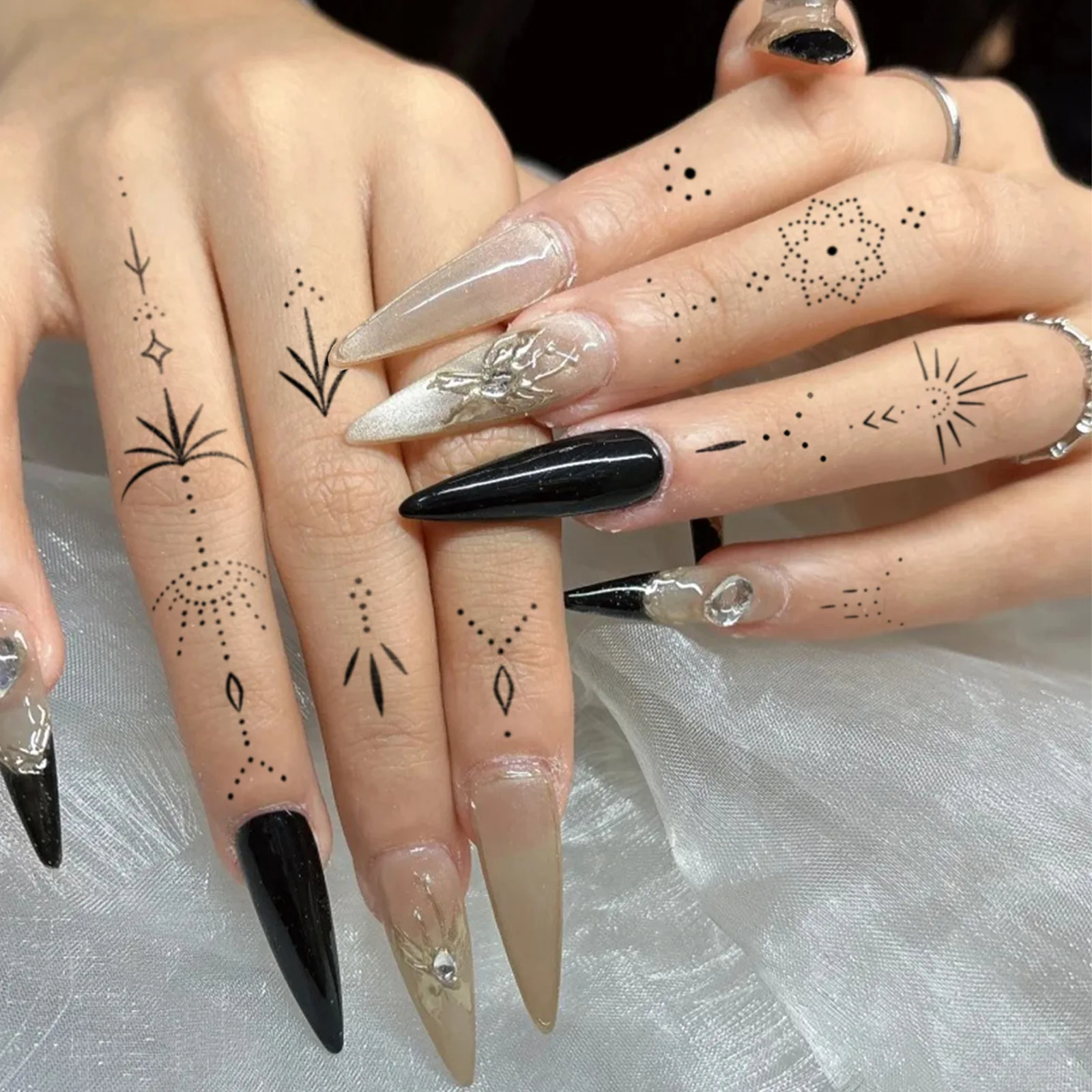 

Temporary Tattoo Sticker, Gothic Dark Dotted Starburst Black & White Minimalist Design, Unique Geometric Body Art Decal