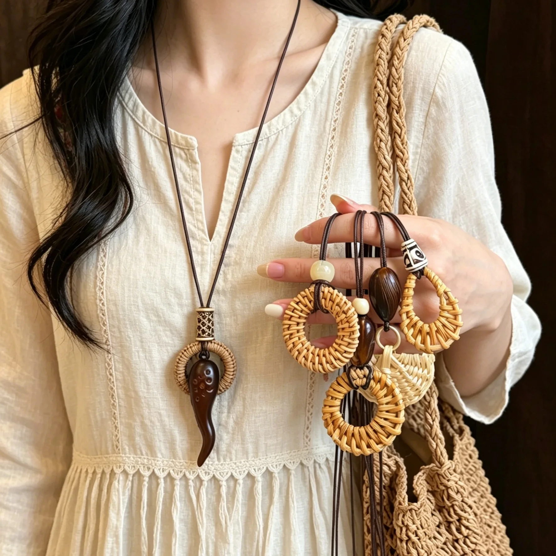 Premium Woven Geometric Long Necklace Ethnic Bohemian Resort Style Adjustable Cord Pendant Sweater Chain