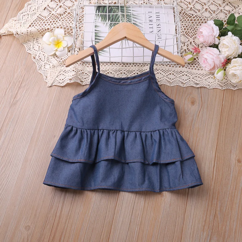 Summer Denim Suit Sling Top+Pants 2Pcs Kid Clothes Girl Set Young Children Clothes For 2-6 Years