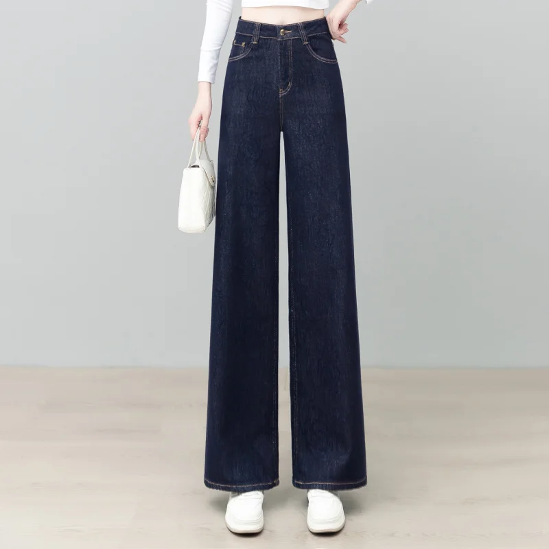 Jeans denim blu scuro nuovi pantaloni dritti drappeggiati lunghi fino al pavimento a vita alta dimagranti larghi autunnali