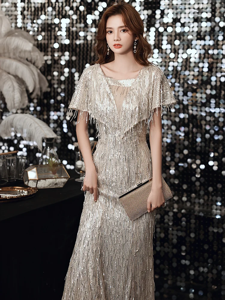 

iny Sequin Evening Dr Women's High-End Feeling Par Ele Host 2025 New Adult Ceremony Fi Tail Dr