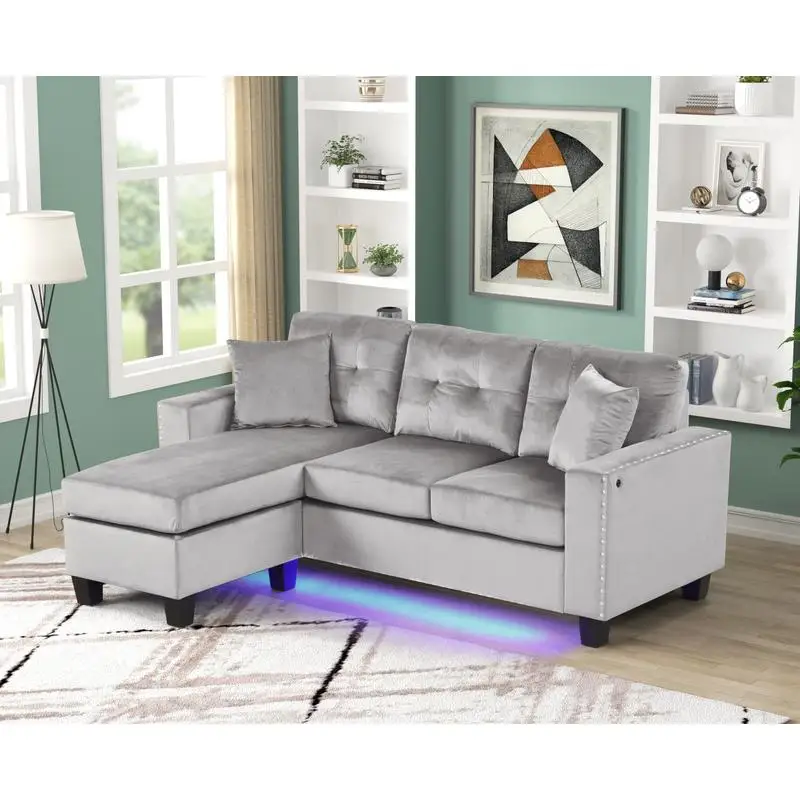 أريكة مقطعية مخملية باللون الرمادي مقاس 74 بوصة مع ضوء LED ومنفذ USB وحواف رأس الأظافر ووسائد معنقدة - حديثة