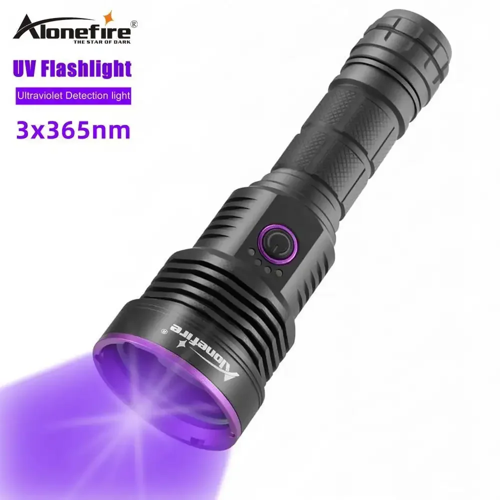 alonefire poderosa lanterna uv tocha violeta detector de urina para gatos pet manchas sv43 3x365nm 60w 21700 bateria 01