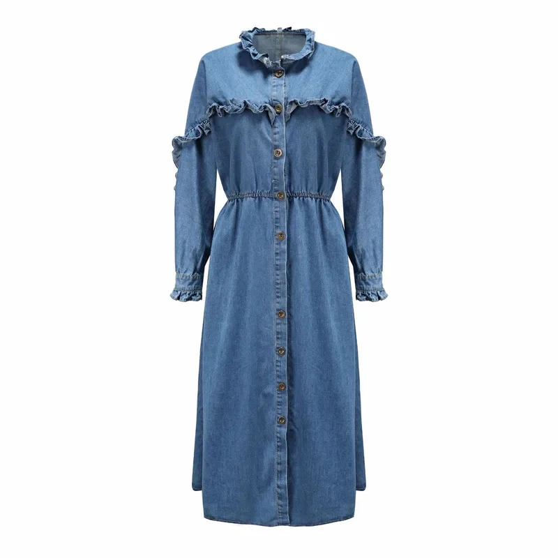 Women Autumn Winter Long Denim Dress Elegant Long Sleeve Lapel Ruffles Jeans Dress Female Office Lady Midi Shirt Dresses