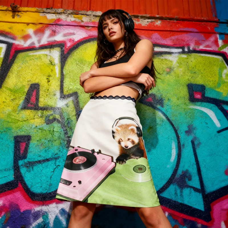 Skim Mini Skirt, Cat Street Print, Cartoon Cute and Versatile Elements, Sexy and Spicy Girl, Niche Retro Short Skirt