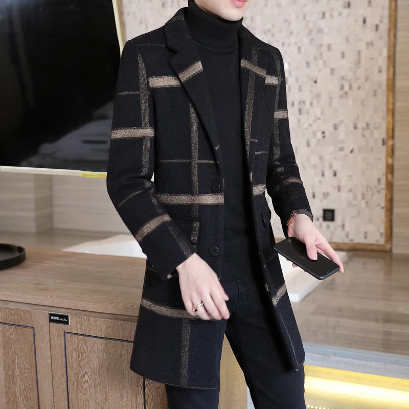 

2025 Autumn Winter New Style Korean Fashion Woolen Coat Men's Mid-Length Slim-Fit Trench Youth Business Casual