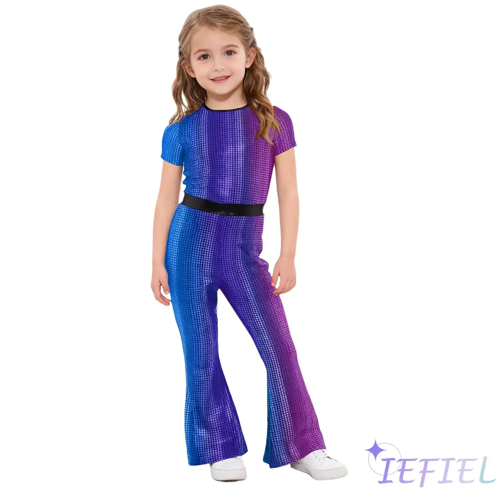 

Kids Girls Jazz Disco Dance Performance Jumpsuit Metallic Plaid Jumpsuit Short Sleeve Back Zipper Full Body Bell-Bottom Bodysuit