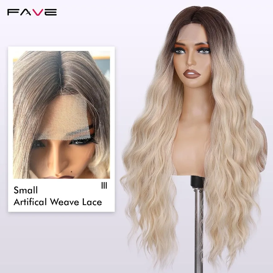 FAVE Lange blonde Perücke, natürliche Ombre-Blondine, gewellte Perücken, Mittelteil, blonde Perücke mit natürlichen Farbverlaufswurzeln für den täglichen Gebrauch, perfekt für