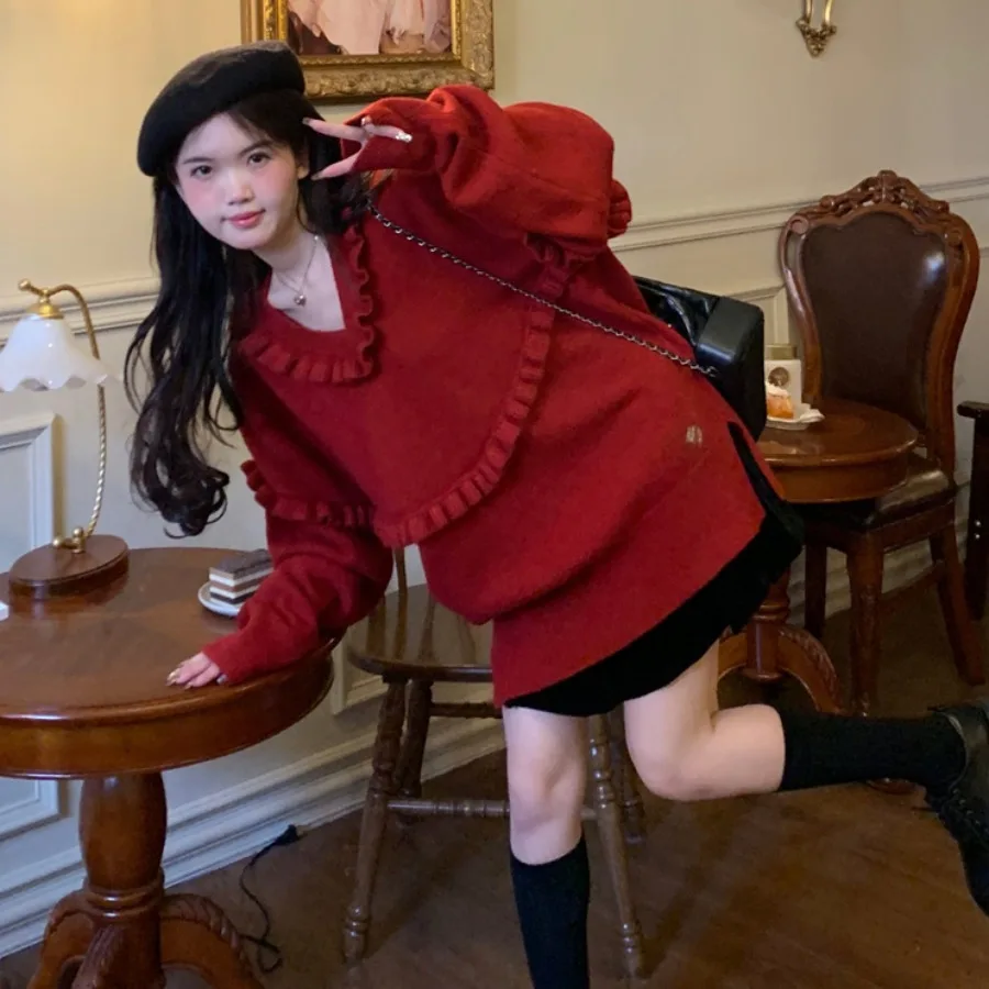 Damen Chic V-Ne Pullover Loose Fit Thiened Overhead Soft Herbst Winter Faion Korean Sle Retro Wood ain