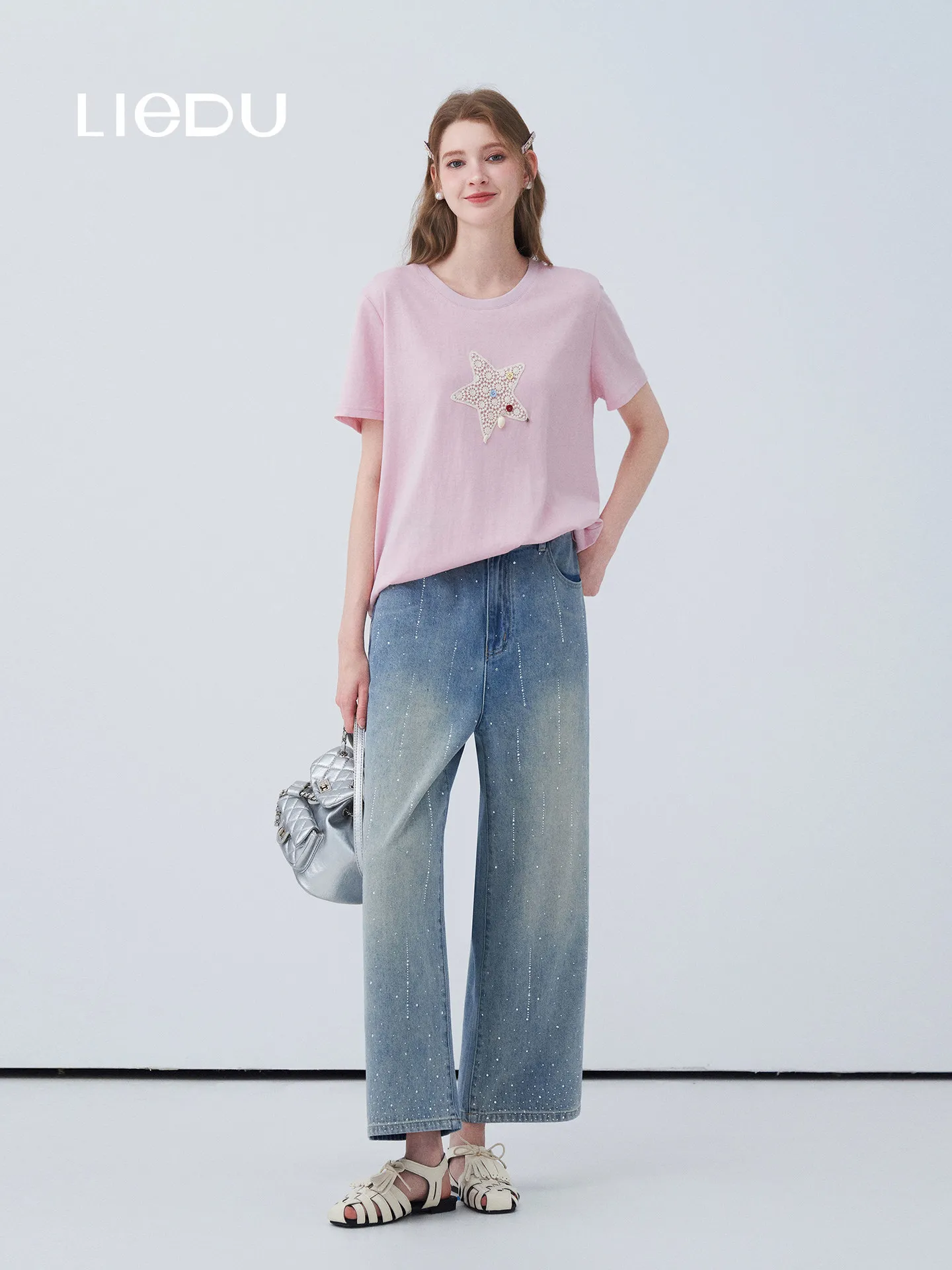 LIEDU Vintage Y2K High Waist Slim Fit Wide Leg Jeans Women Rhinestone Studded Light Blue Washed Denim Pants Casual Daily Outfit
