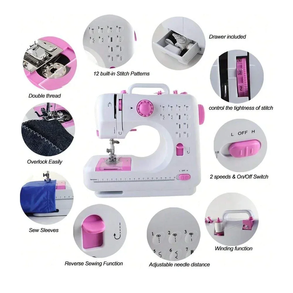 Sewing Machine, 12 Stitches Domestic Sewing Machine, Presser Foot, Overlock Machines, Electric Portable Pedal, Clothes Stitch