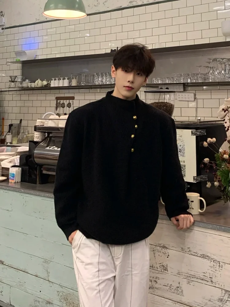 

Мужской вязаный свитер с высоким воротником на пуговицах, осенне-зимний, свободного кроя, повседневный, комфортный, теплый, модный, цветной топ