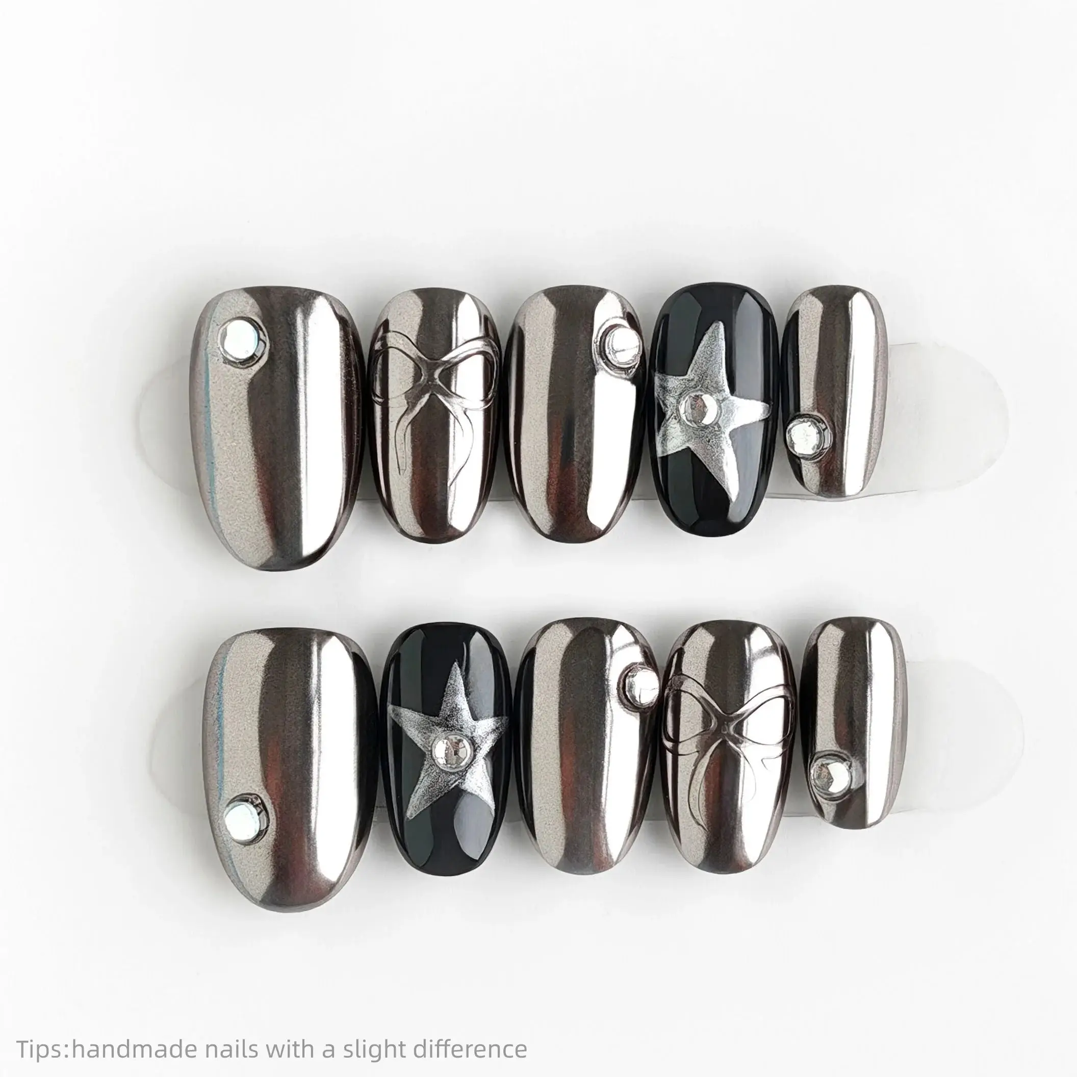 10pcs Y2k Handmade Silver Black Star Bow Press on Nails Square Short Wearable Reusable Trendy False Nails 2026 for Street Style