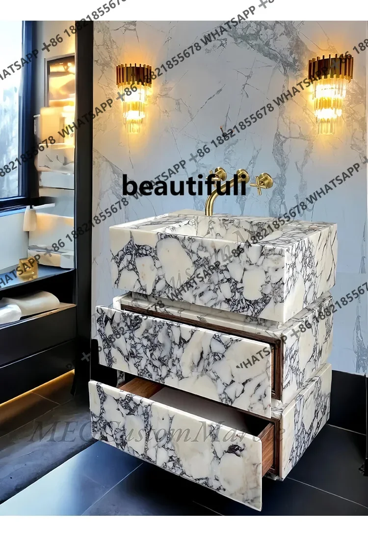 E182 Marble Bathroom Vanity, Natural Stone Floor-Standing Sink,  Luxury/Viral Design Custom Basin, Easy-Clean &Split-Type Pedest