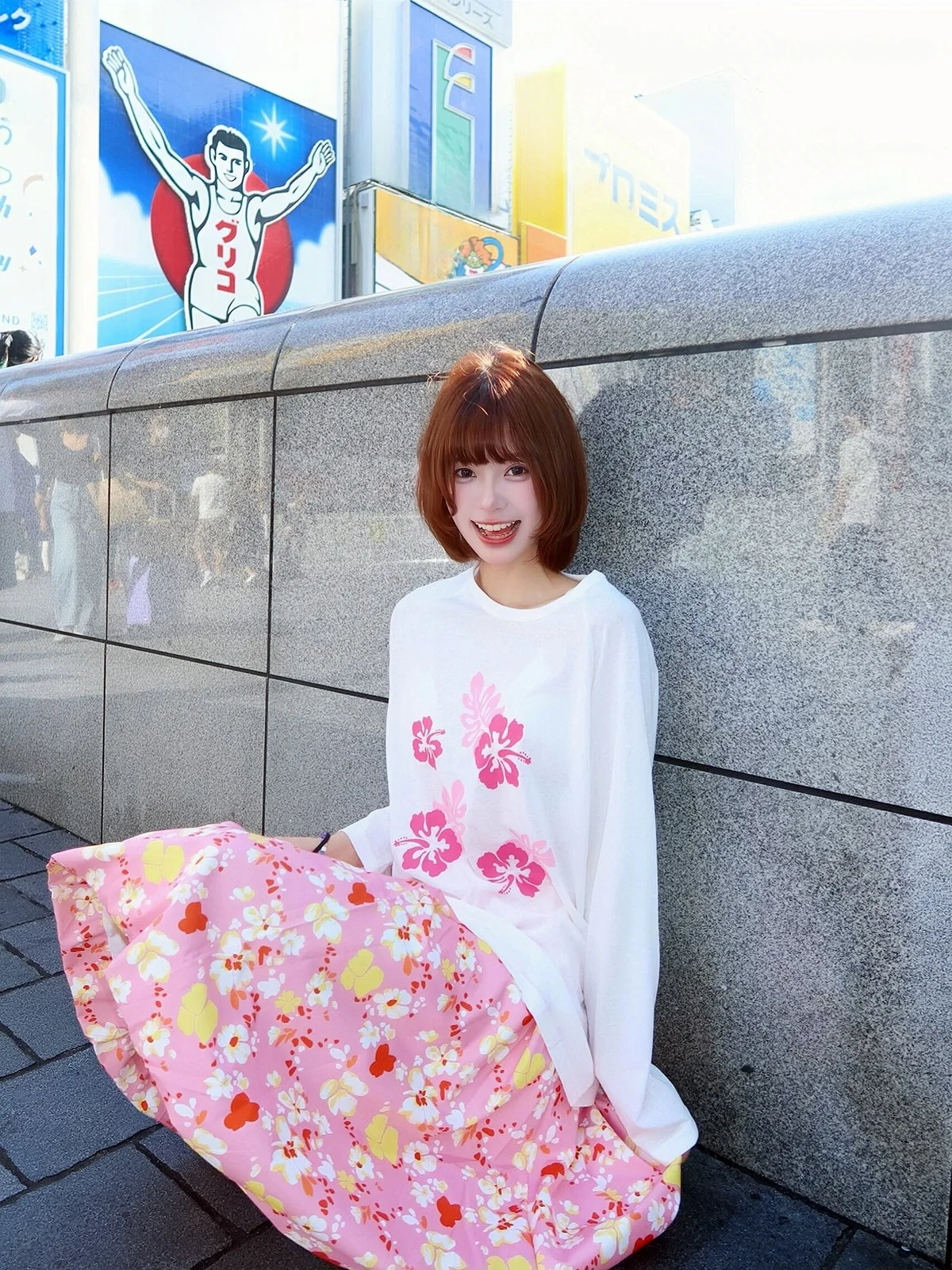 Sakura Model Pink Floral Lazy Sweet Print Long Sleeve T-Shirt Loose See through Top Women's Korean Style Cotton Summer Tee