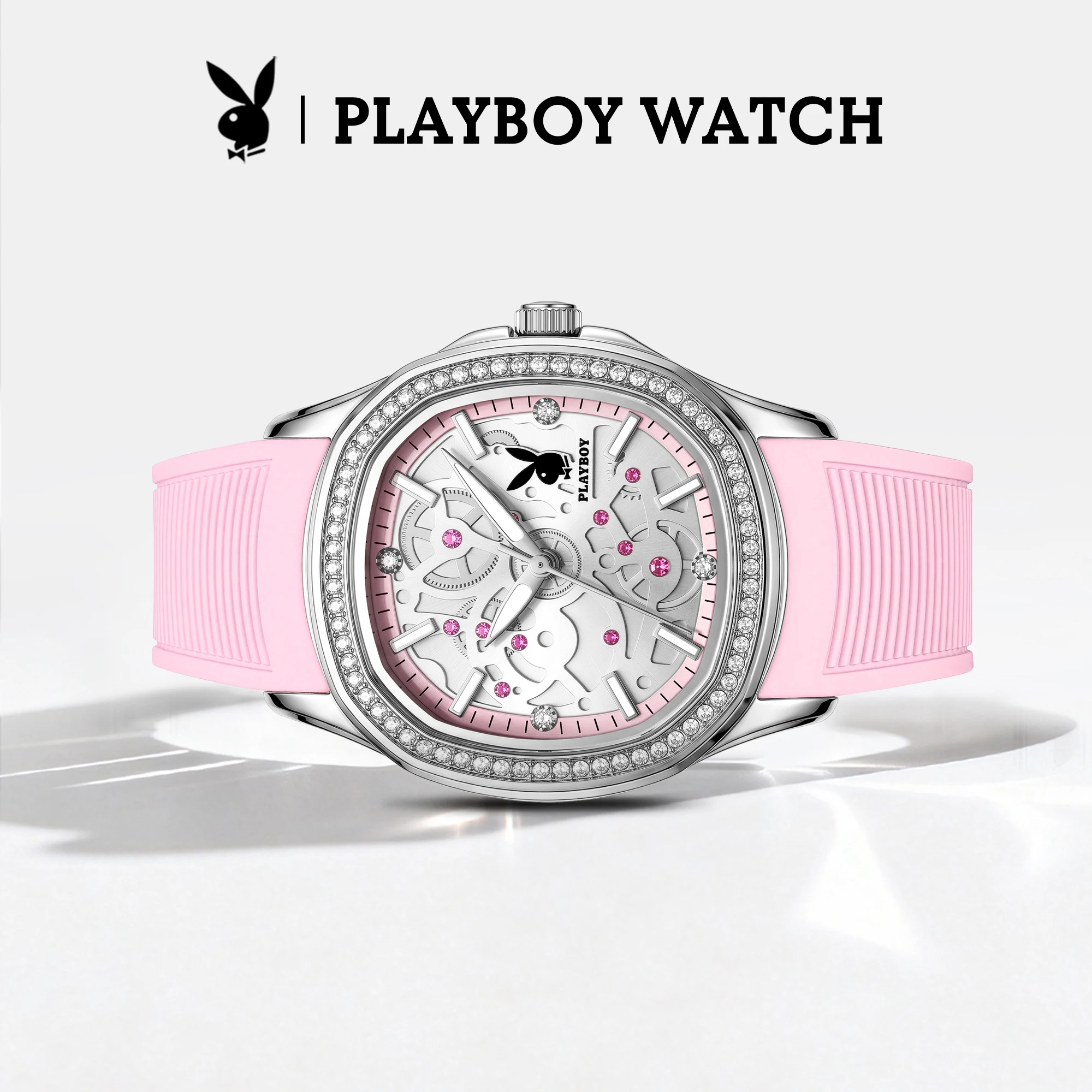 PLAYBOY 3157 Original Quartz Movement Square Dial Watch For Women Silicone Strap HD Luminous 30m Waterproof Barrel Design Watch