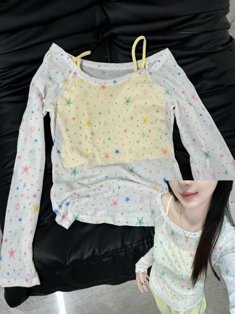Y2K See Through Cropped Tops Women Autumn Thin Long Sleeve Shirts & Vest Korean Retro American Casual Two Piece Matching Outfits