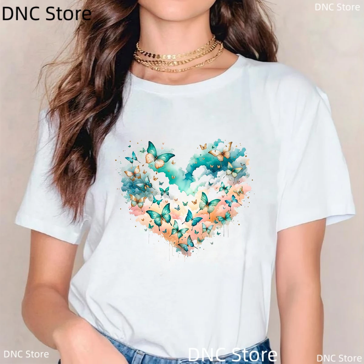 Women's Colorful Butterfly Petal Print T-Shirt, Short Sleeve, Round Neck, landscape painting Graphic tShirts,Female Tops Clothes