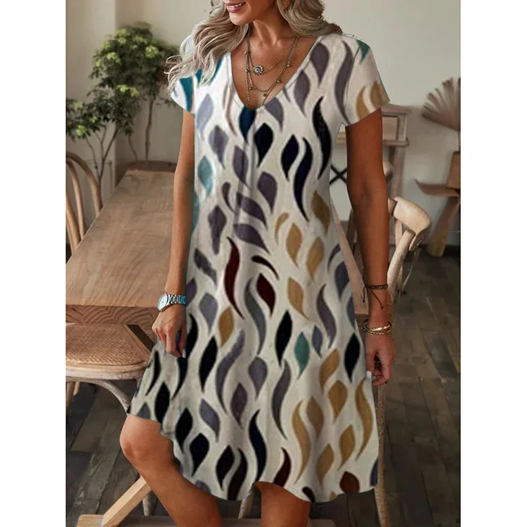 Summer Women's Casual V-neck Loose Print Short Sleeve Dress