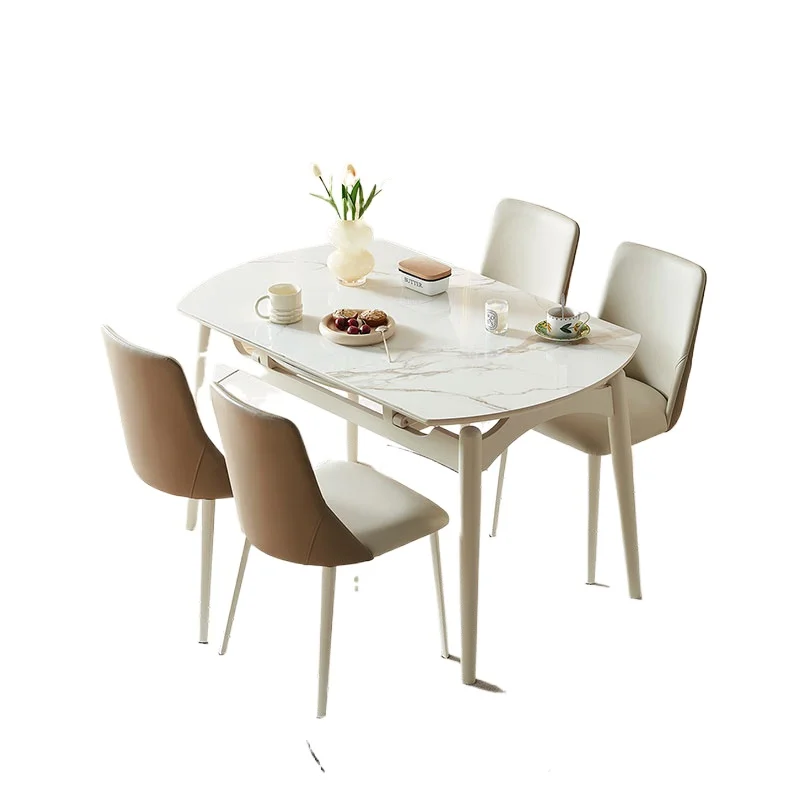 

Modern simple cream style retractable rock slab dining table, French household variable round table, dual-purpose